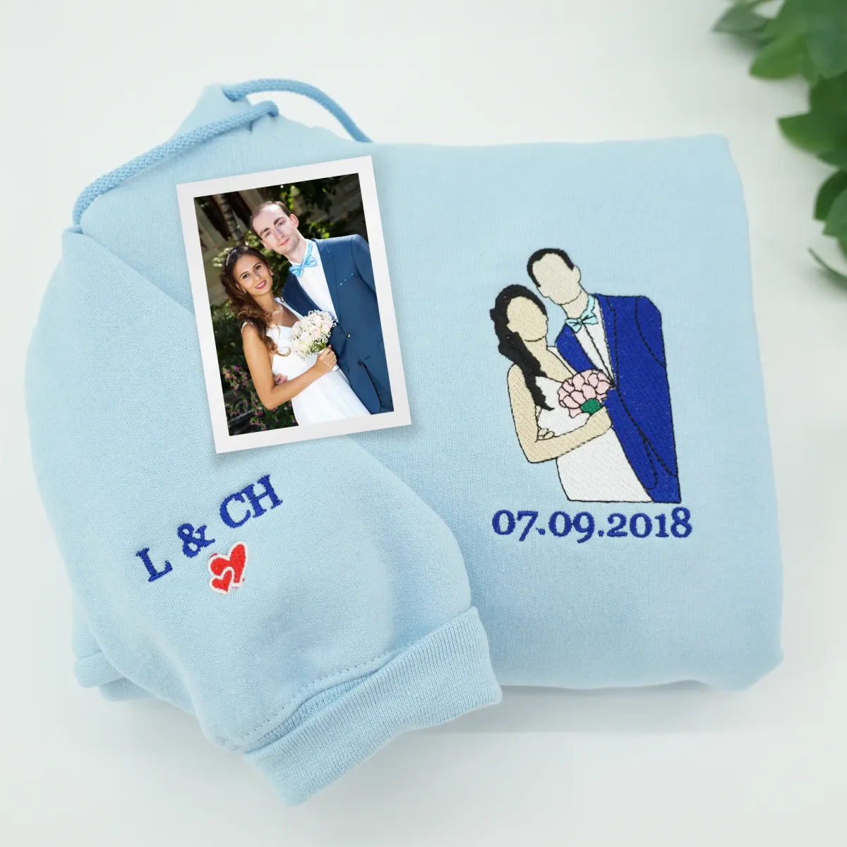 Embroidered Wedding Hoodie with Couple Portrait - Matching Photo Gift