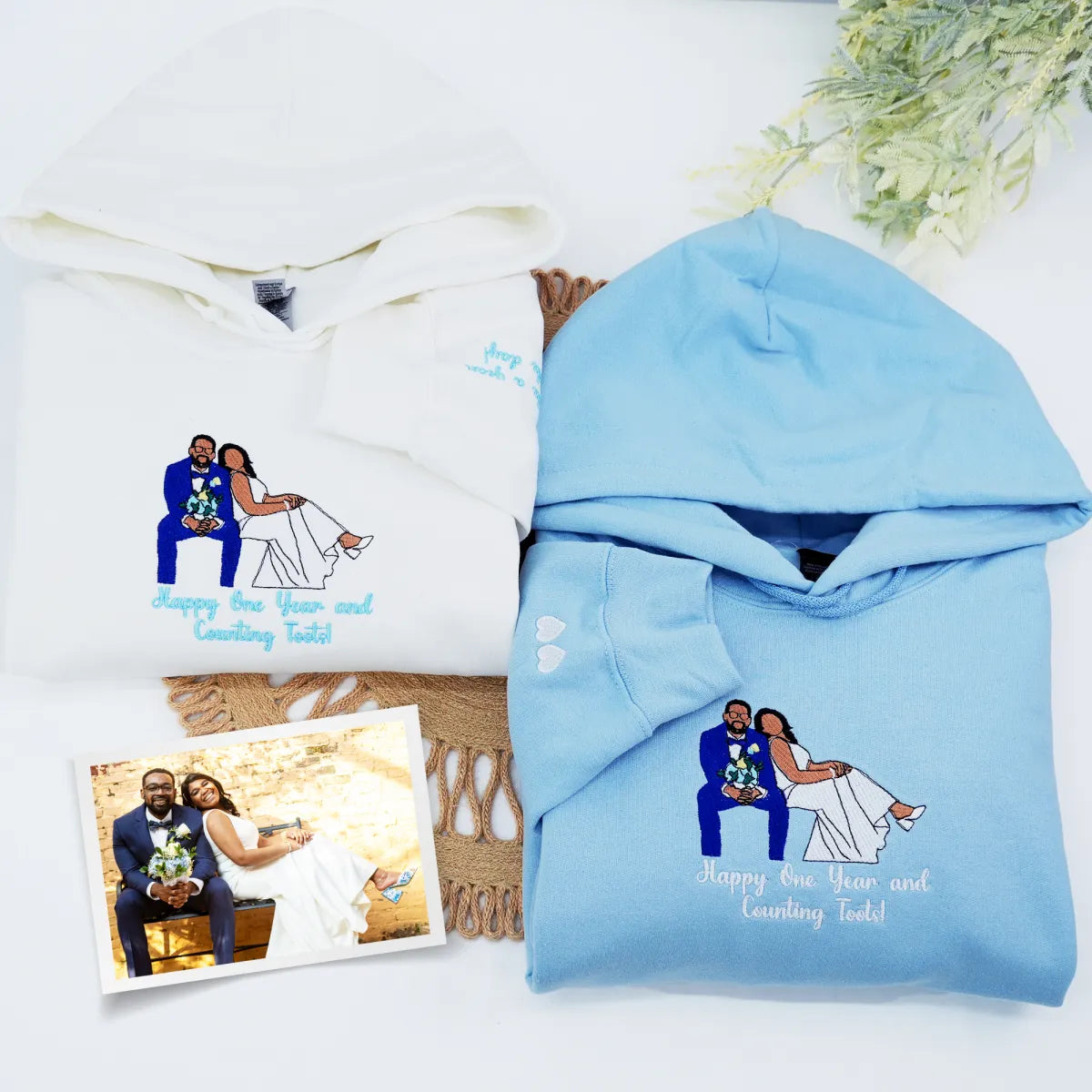 Embroidered Wedding Hoodie with Couple Portrait - Matching Photo Gift