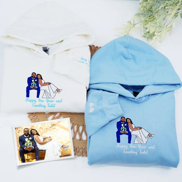 Embroidered Wedding Hoodie with Couple Portrait - Matching Photo Gift