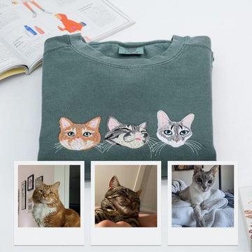 Cat Face Custom Embroidered Hoodie - Personalized Cat Lover Gift for Cat MomDad