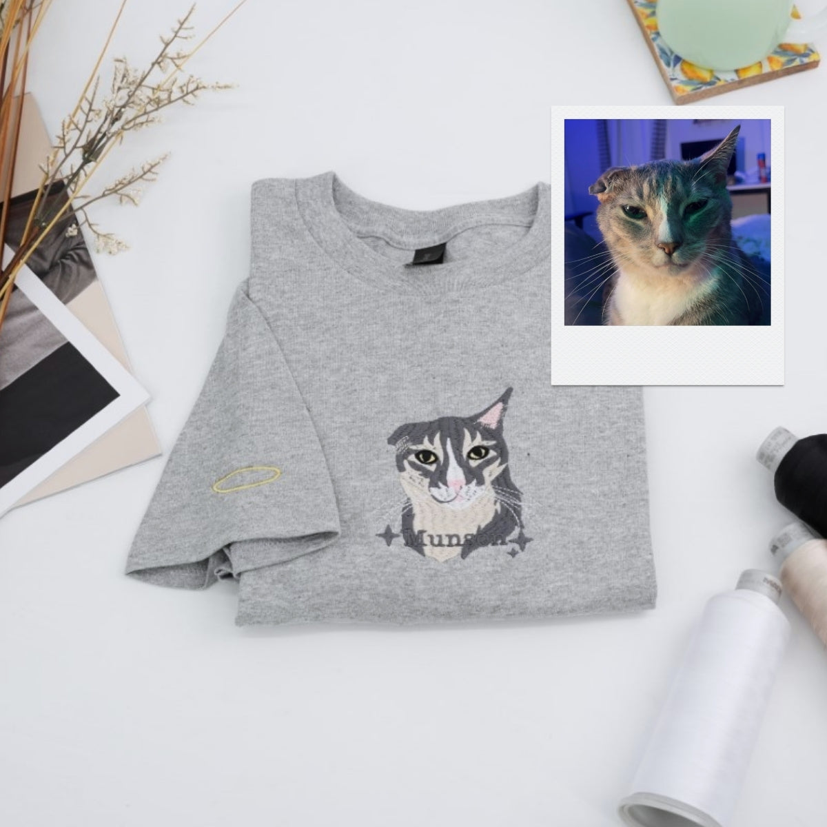 Pet Angel Custom Embroidered T-Shirt - Cat Memorial Rainbow Bridge Gift
