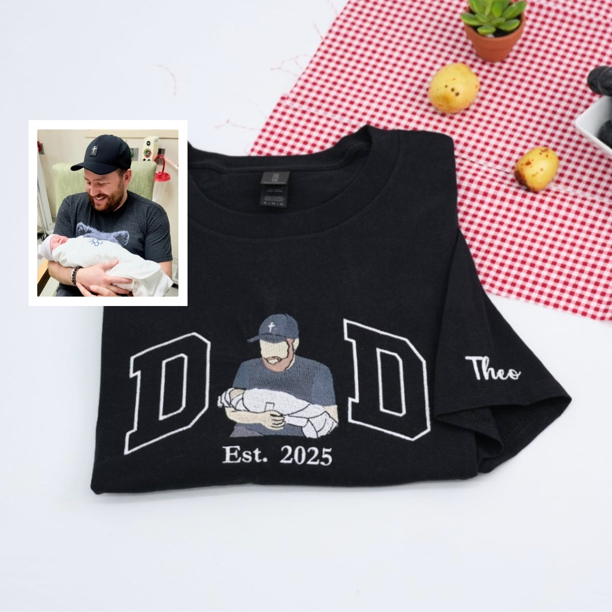 Baby Portrait Custom Embroidered Dad T-Shirt - Personalized Father's Day Gift