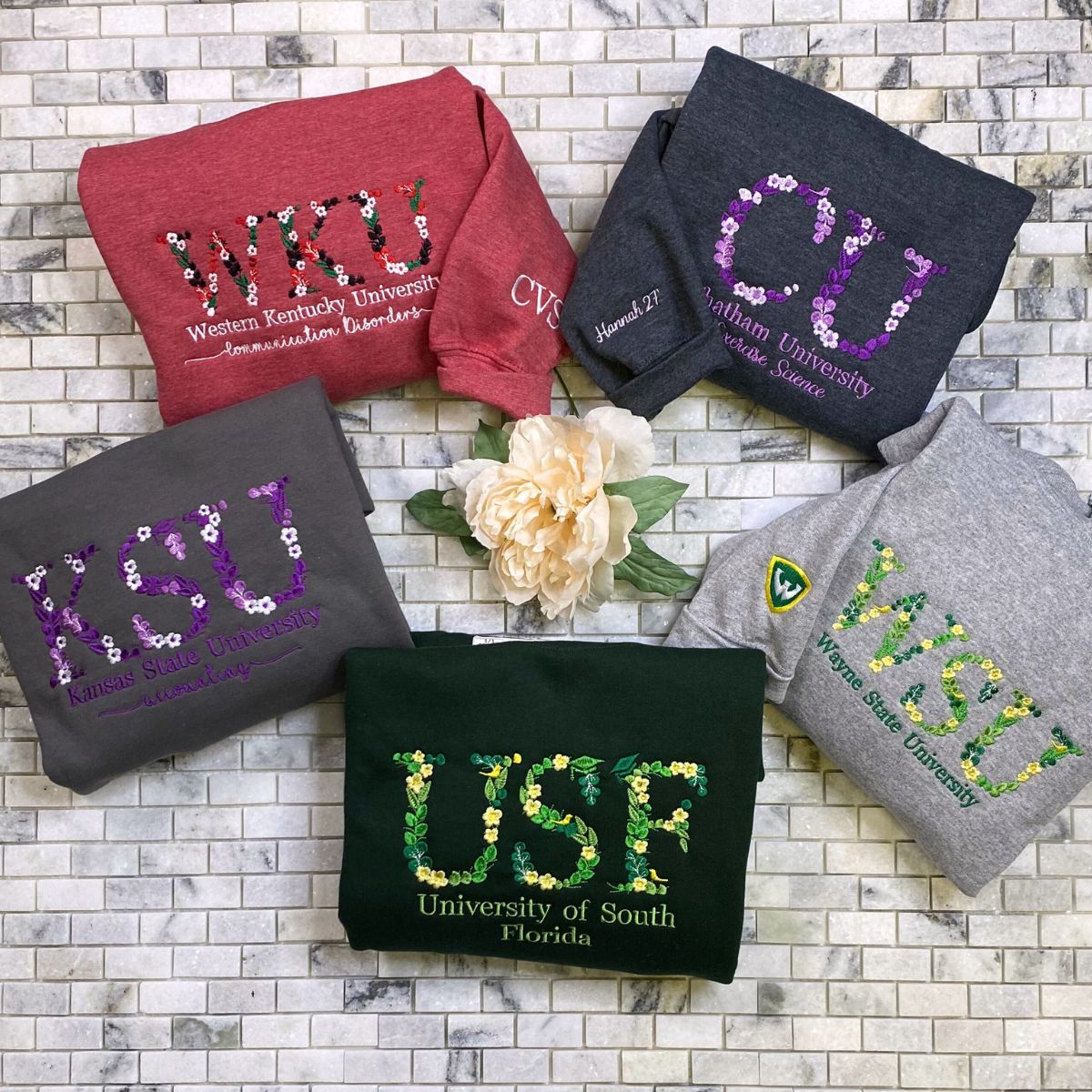 Embroidered University Hoodie with Floral Letter - College Gift