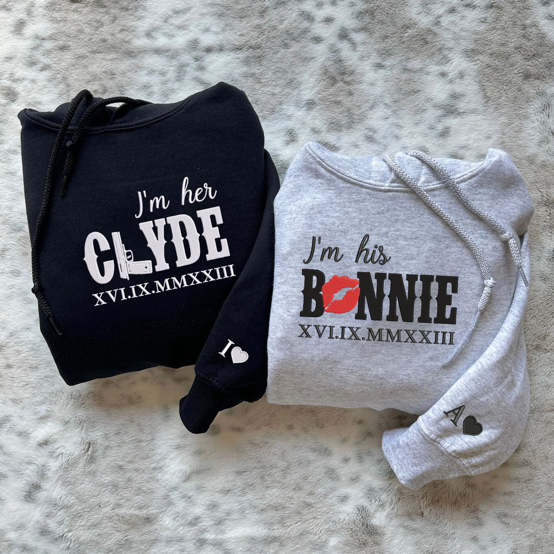 His Bonnie Her Clyde Embroidered Hoodies - Personalized Roman Numeral Couple Gift