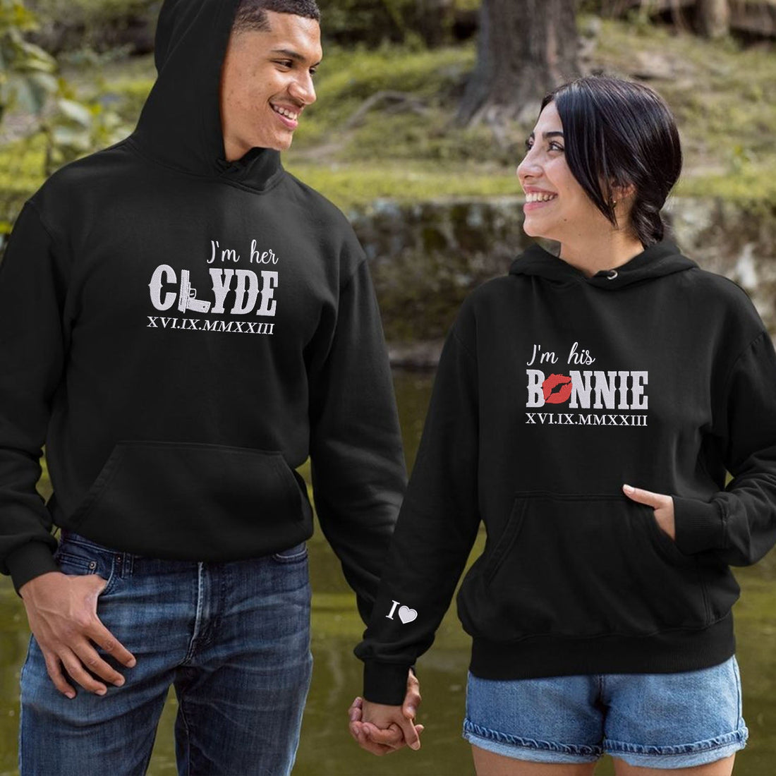 His Bonnie Her Clyde Embroidered Hoodies - Personalized Roman Numeral Couple Gift