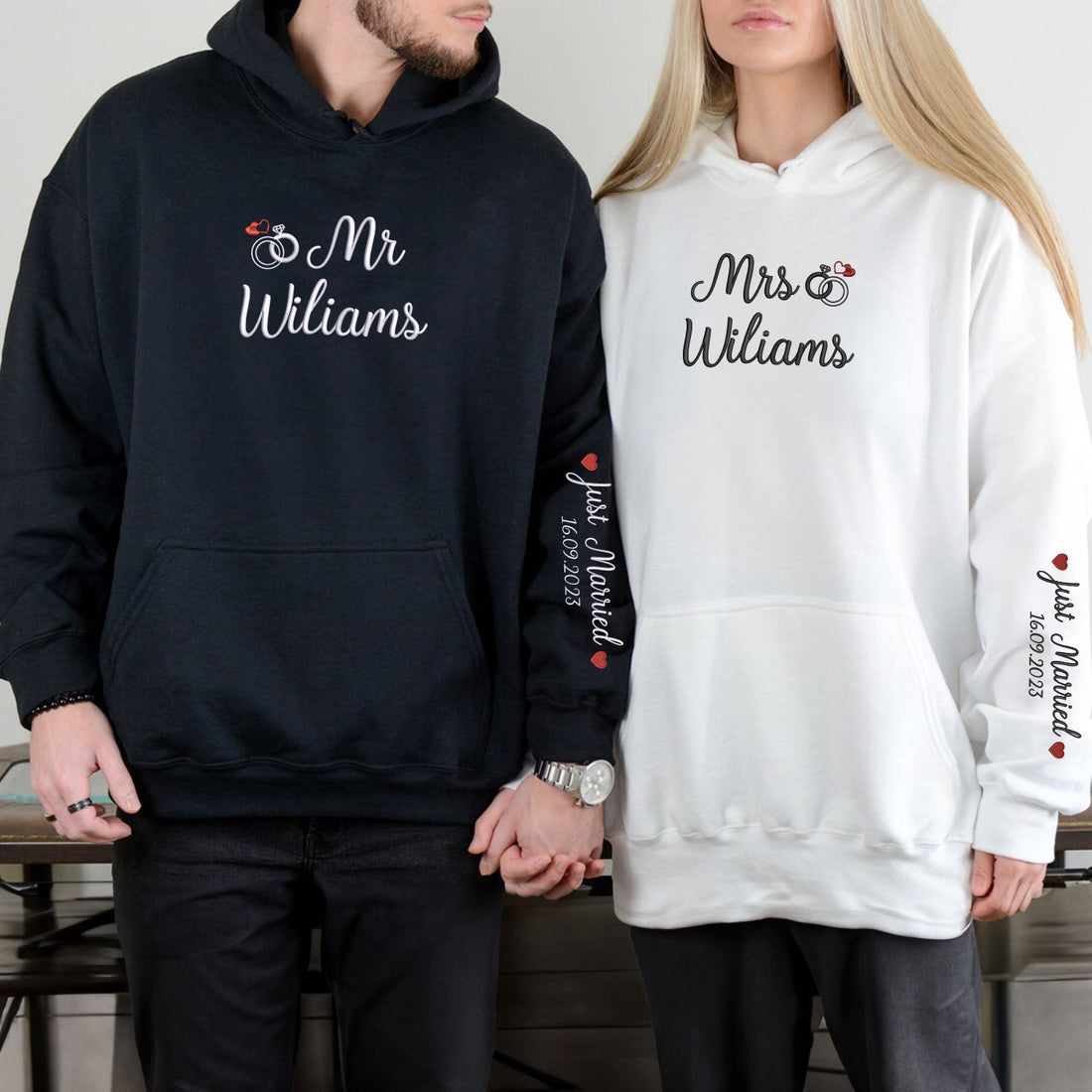 Mr & Mrs Embroidered Hoodies - Personalized Sleeve Detail - Wedding Gift