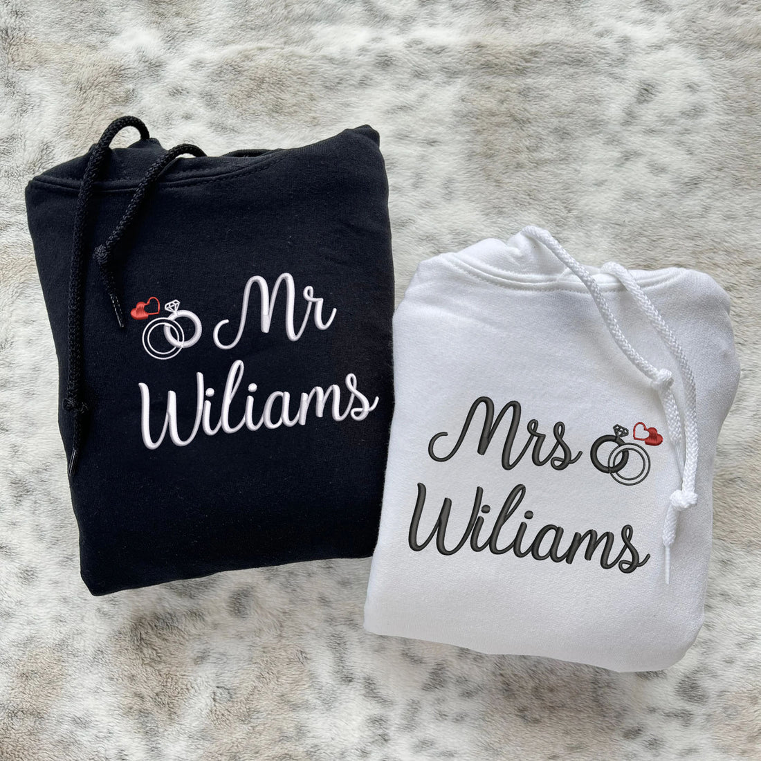 Mr & Mrs Embroidered Hoodies - Personalized Sleeve Detail - Wedding Gift