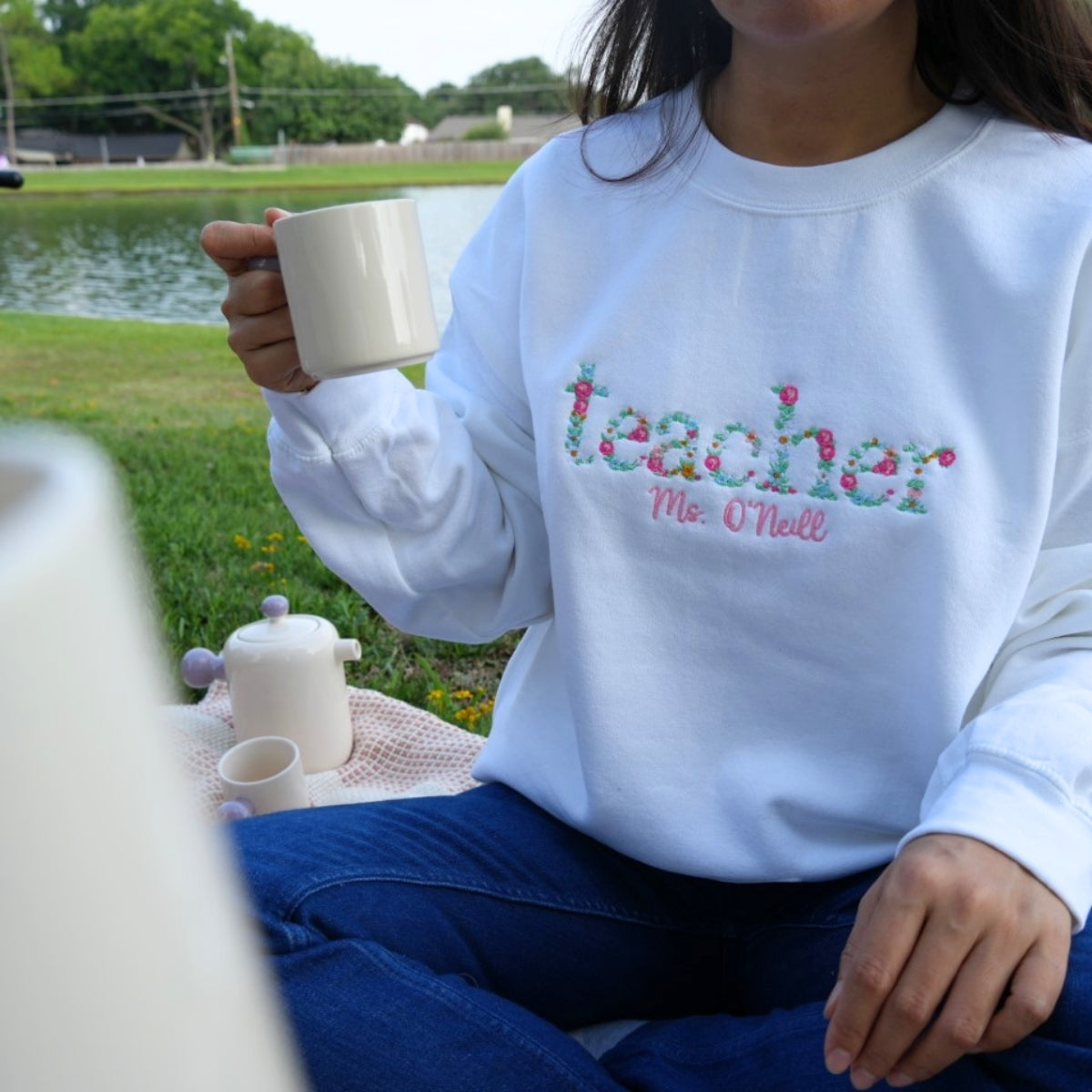 Floral Custom Embroidered Sweatshirt - Personalized Educator Appreciation Gift with Name